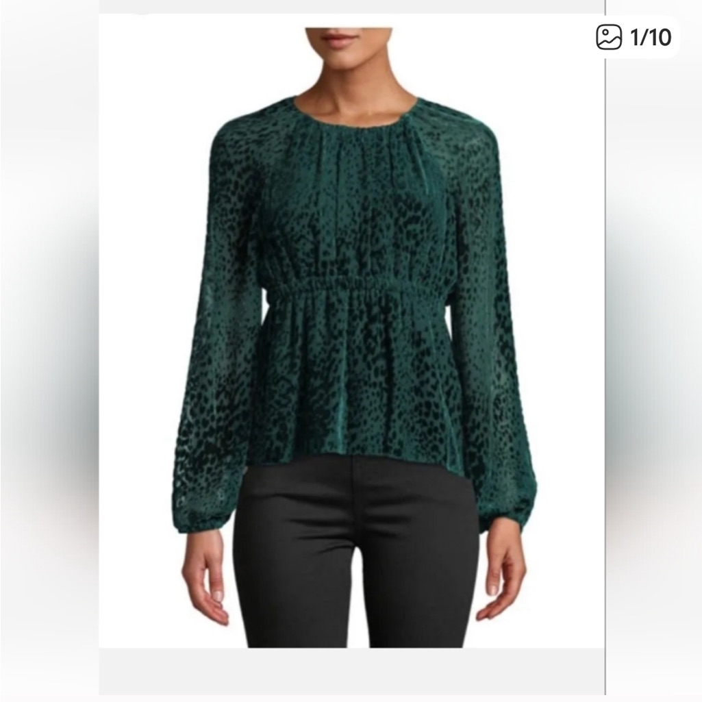 A.L.C. Karen Spotted Green Burnout Velvet Long-Sleeve Top Size 14